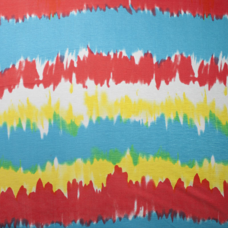 Red Orange, Yellow, Blue, and White Watercolor Stripe Rayon Jersey