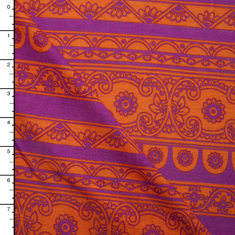Bright Orange and Fuschia Ornate Stripe Rayon Jersey Knit