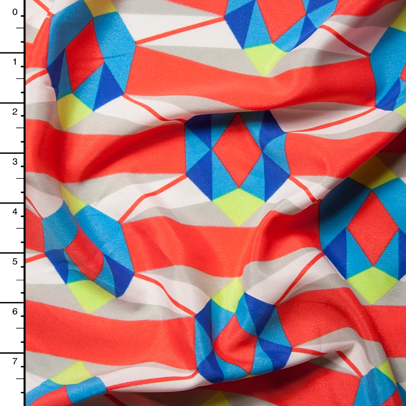 Bright Turquoise and Neon Coral Border Print Abstract Crepe De Chine Print