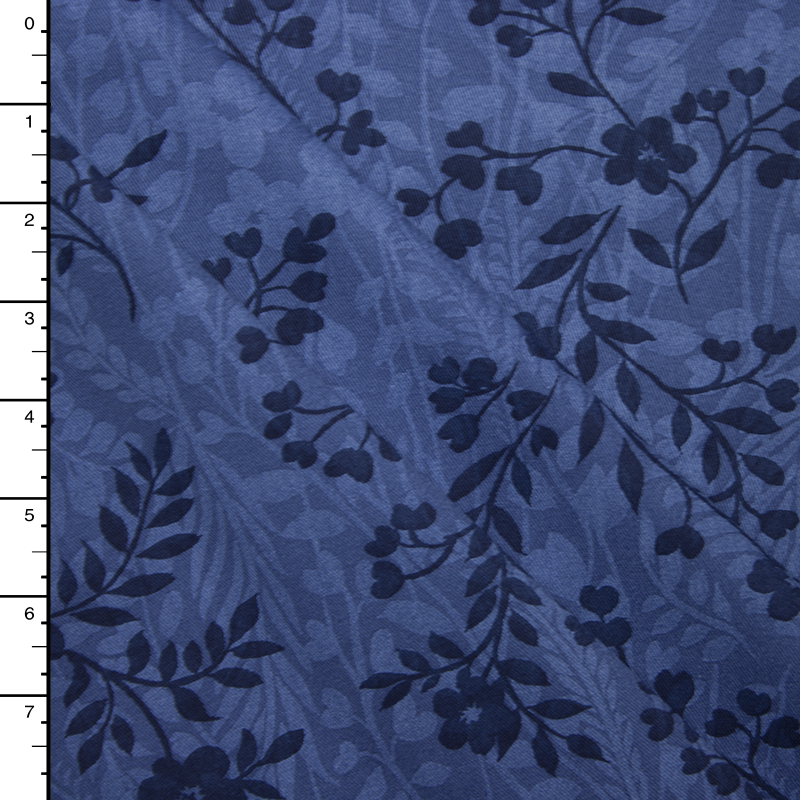 Navy on Denim Blue Vines and Flowers Brushed Twill Print