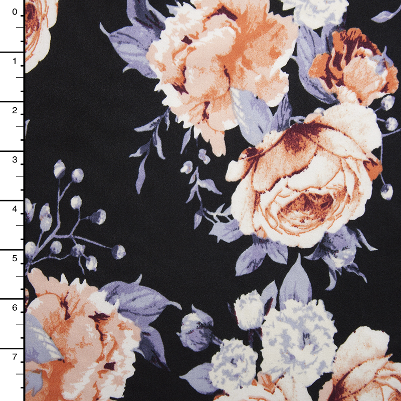 Grey and Peach Roses Modern Floral on Black Double Brushed Poly