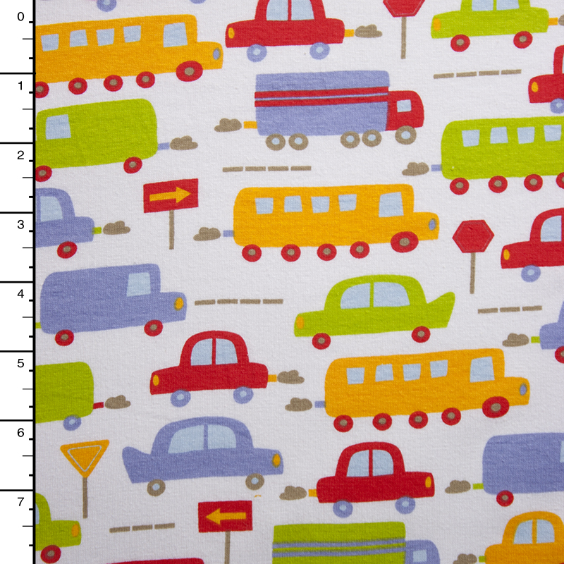 Buses and Cars on White Cotton/Lycra Jersey