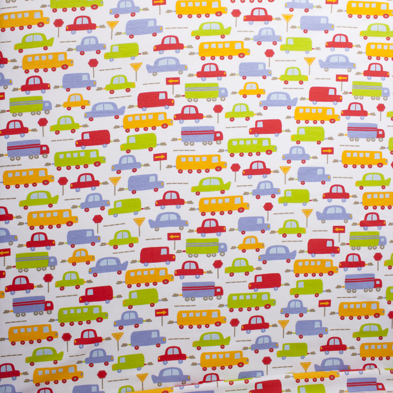 Buses and Cars on White Cotton/Lycra Jersey
