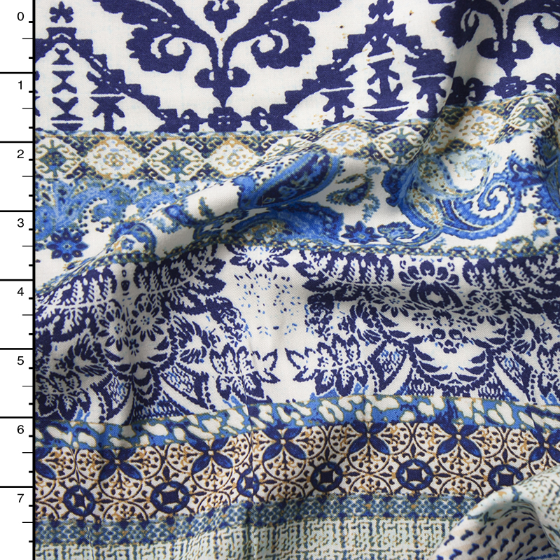Blue, White, and Ivory Gypsy Stripe Rayon Challis Print