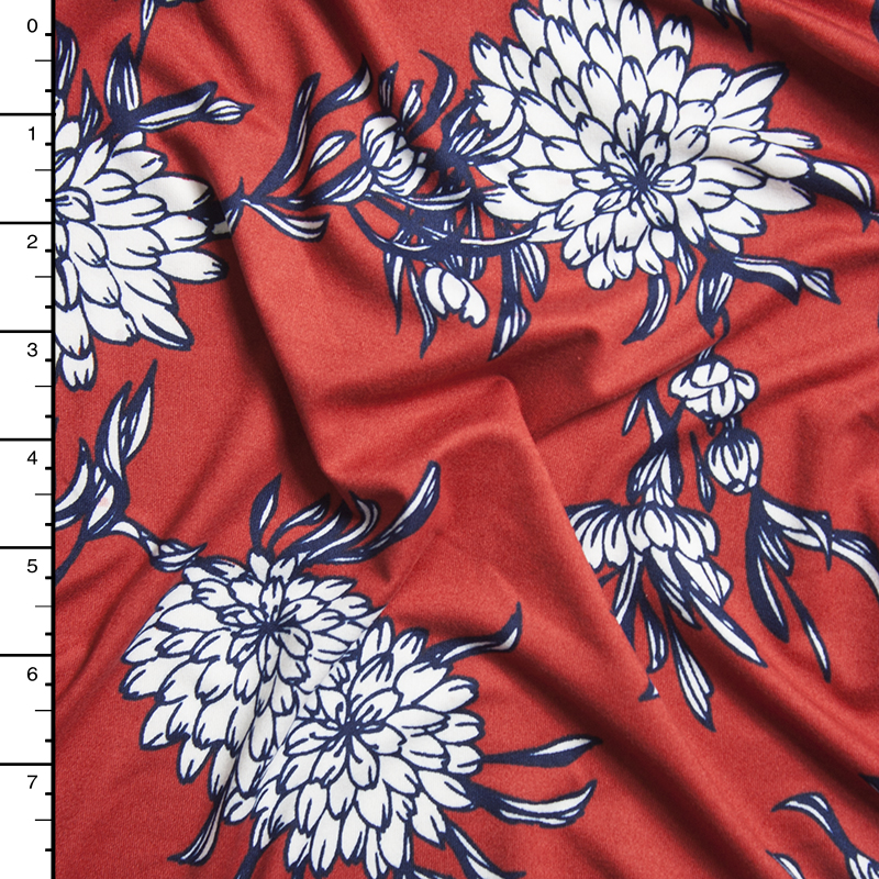 White and Navy Mums on Rust Red Floral Double Brushed Poly Print