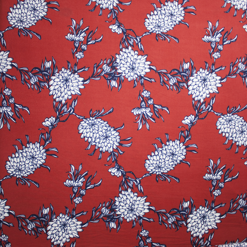 White and Navy Mums on Rust Red Floral Double Brushed Poly Print