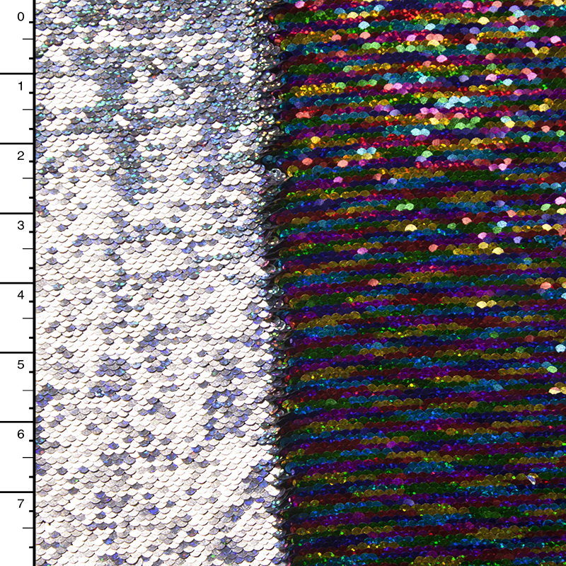 Metallic Rainbow and Holographic Silver Reversible Two Tone Sequin Fabric
