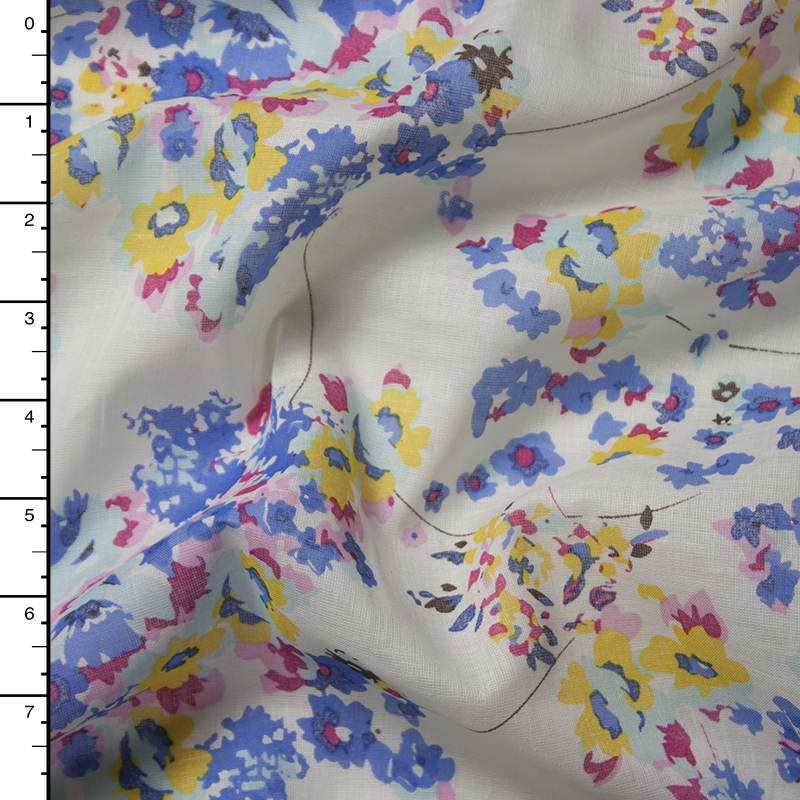 Periwinkle and Yellow Floral Print on White Cotton Voile