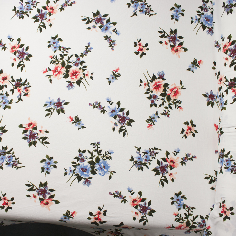Coral and Baby Blue on White Chalk Floral Double Brushed Poly Spandex Print Fabric By The Yard - Wide shot