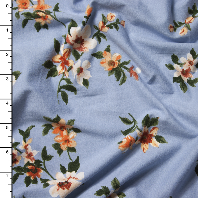 Orange and White on Light Blue Chalk Floral Double Brushed Poly Spandex Print Fabric By The Yard
