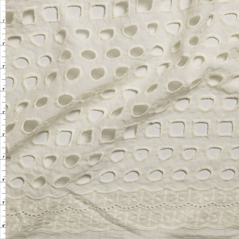 Ivory Large Circles and Squares Scalloped Edge Cotton Eyelet Fabric By The Yard