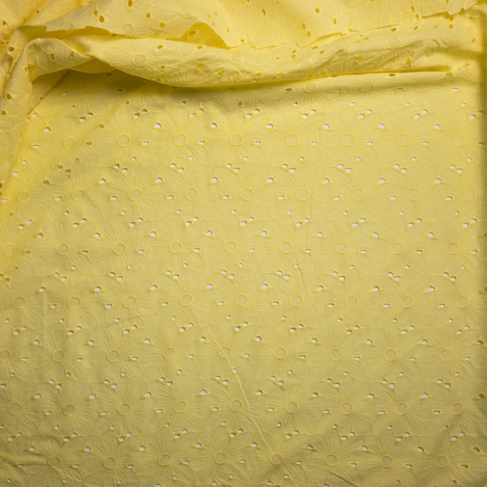 Light Sunshine Yellow Embroidered Daisy Cotton Eyelet Fabric By The Yard - Wide shot