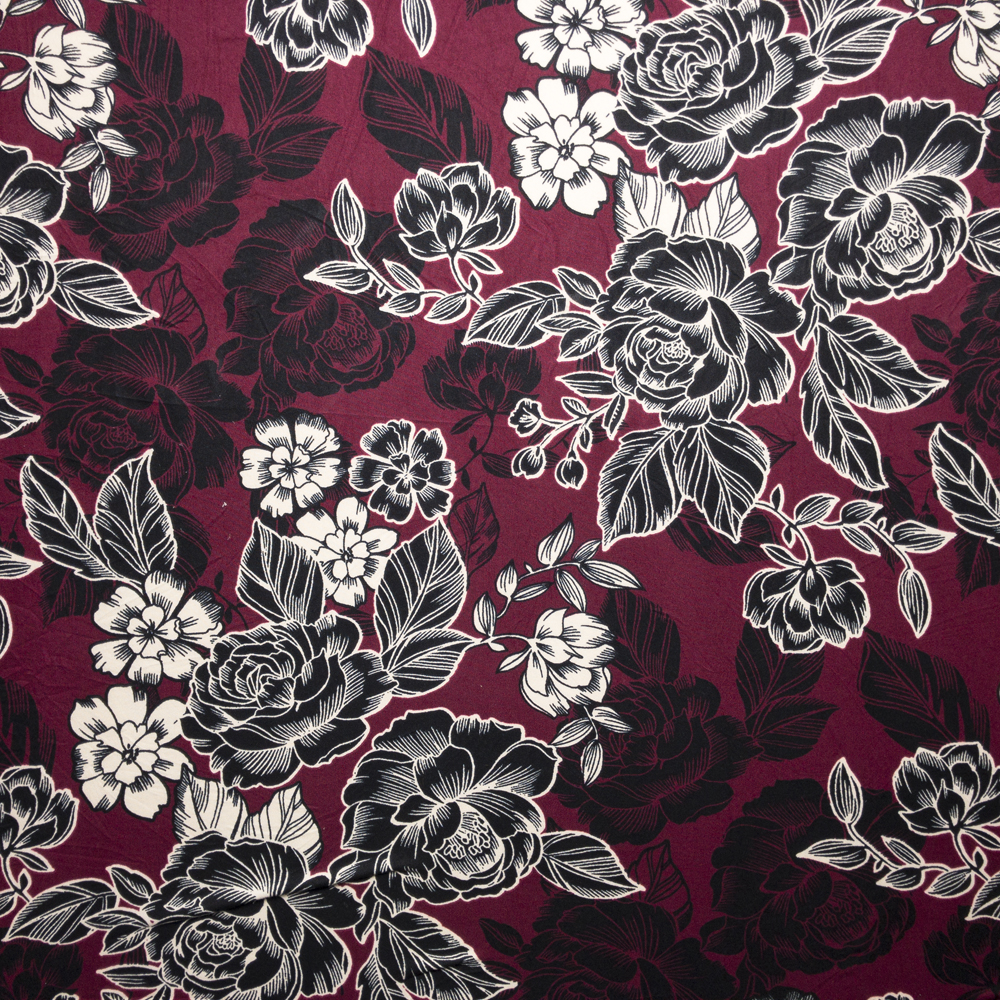 Black and Offwhite Line Art Roses on Wine Double Brushed Poly Spandex Fabric By The Yard - Wide shot