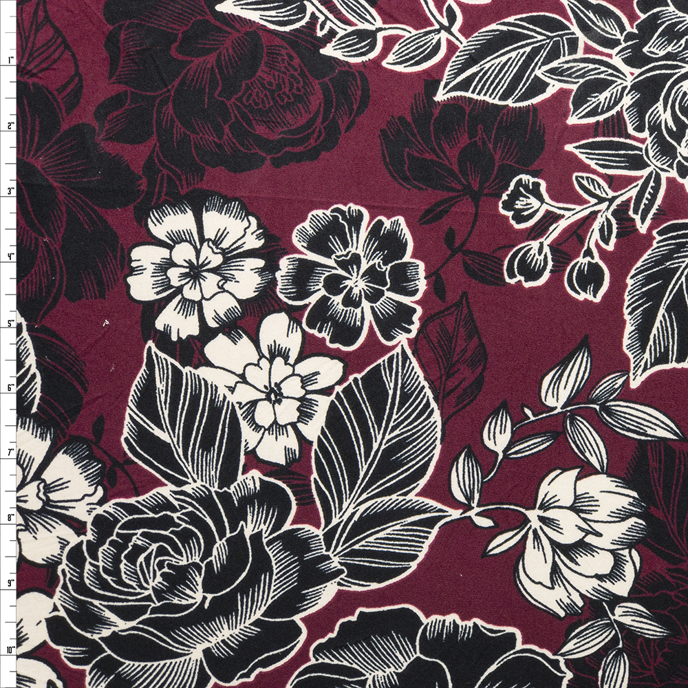 Black and Offwhite Line Art Roses on Wine Double Brushed Poly Spandex Fabric By The Yard