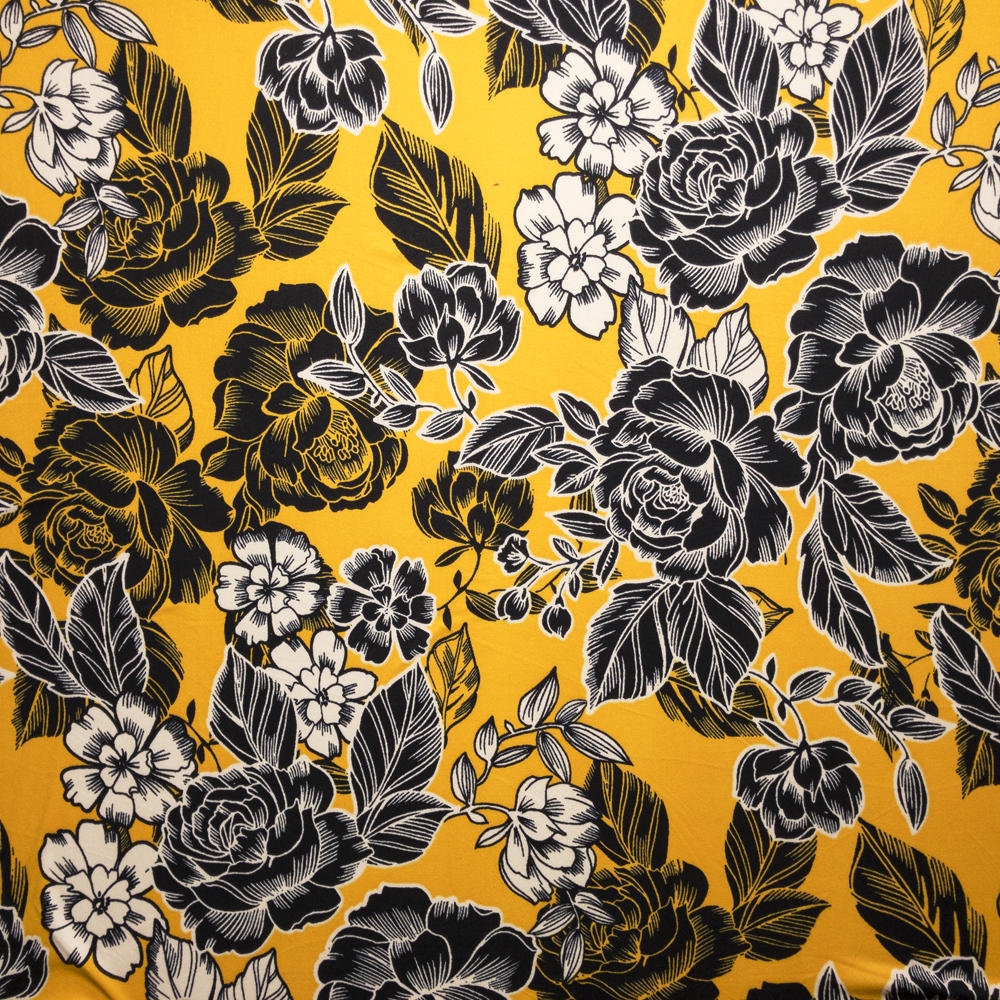 Black and Offwhite Line Art Roses on Bright Mustard Yellow Double Brushed Poly Spandex Fabric By The Yard - Wide shot