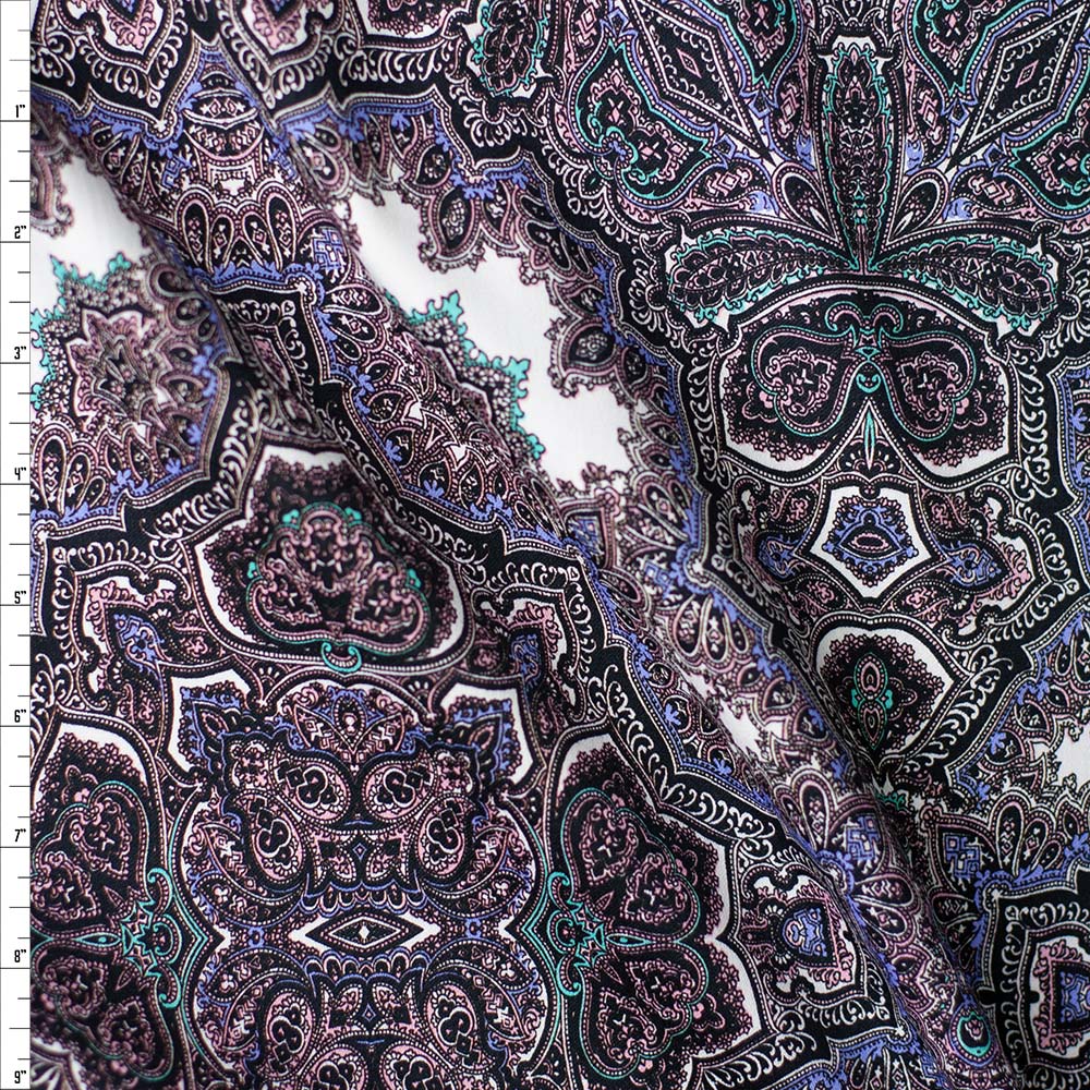 Black, White, Mint, and Periwinkle Paisley Stretch Cotton Sateen from ‘7 for all Mankind’ Fabric By The Yard