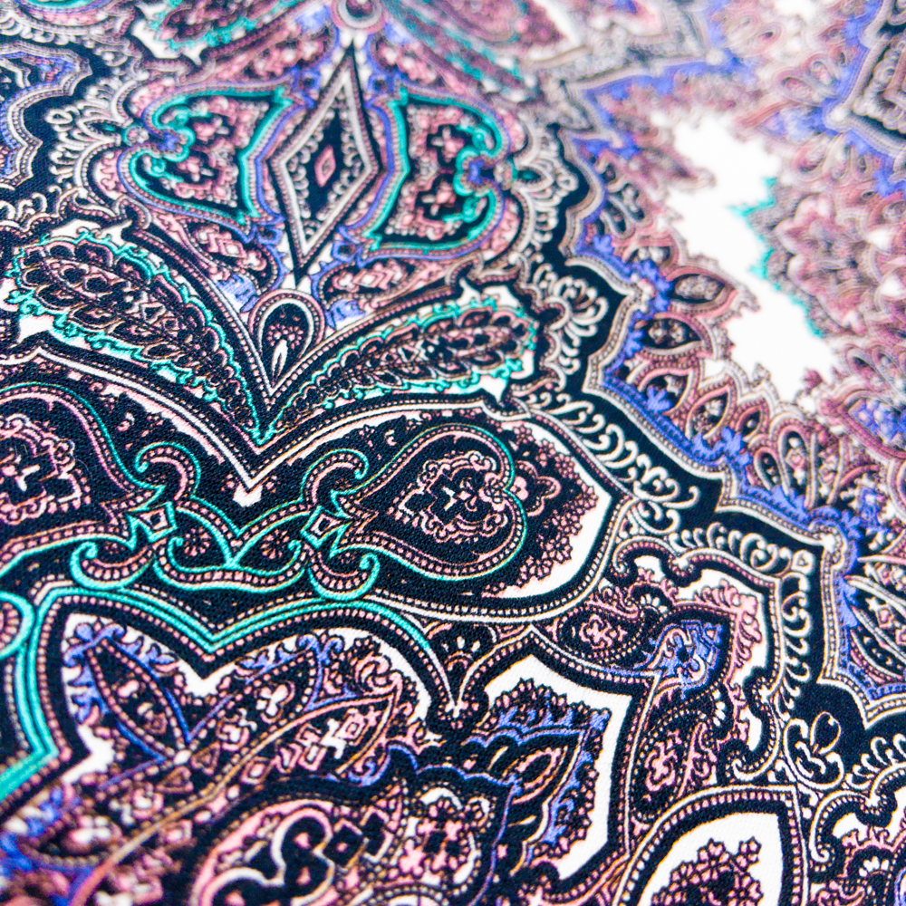 Closeup of Black, White, Mint, and Periwinkle Paisley Stretch Cotton Sateen from ‘7 for all Mankind’ Fabric By The Yard