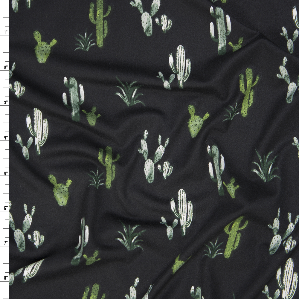 Green Cactus on Black Double Brushed Poly Spandex Fabric By The Yard