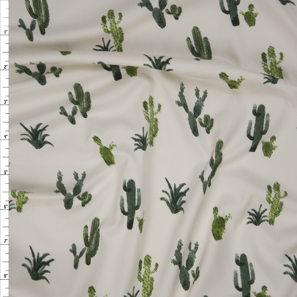 Green Cactus on Offwhite Double Brushed Poly Spandex Fabric By The Yard
