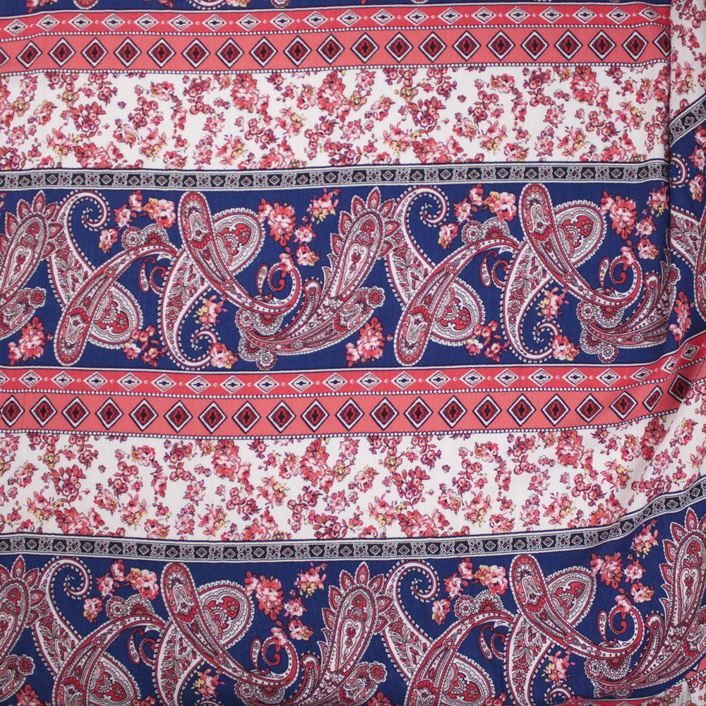 Coral, Navy, and Offwhite Paisley Floral Stripe Rayon Gauze Fabric By The Yard - Wide shot