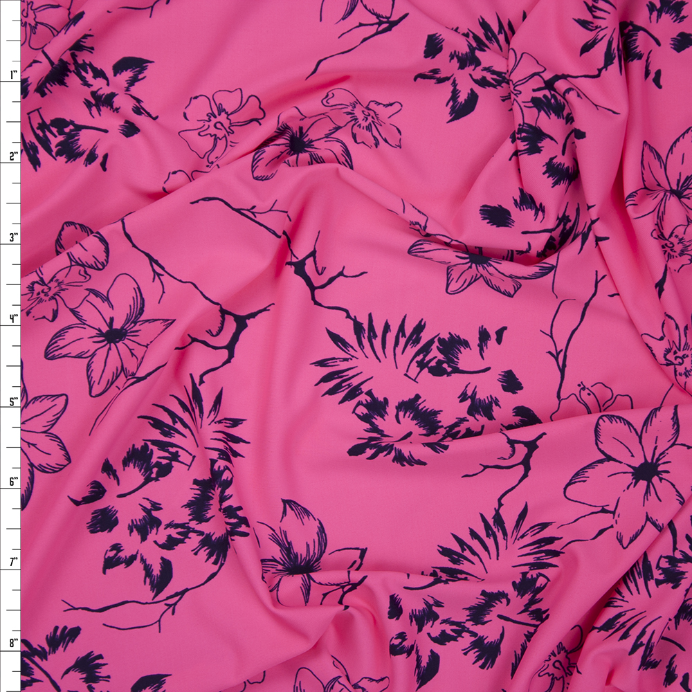 Navy Tropical Flowers on Neon Pink Lightweight Nylon/Lycra Fabric By The Yard
