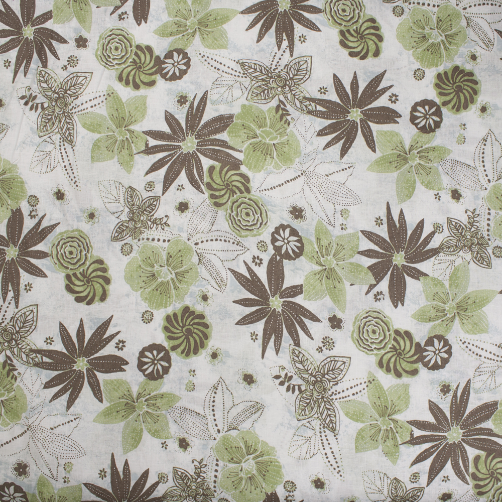 Brown, Sage, and Offwhite Retro Floral Midweight 100% Linen Fabric By The Yard - Wide shot