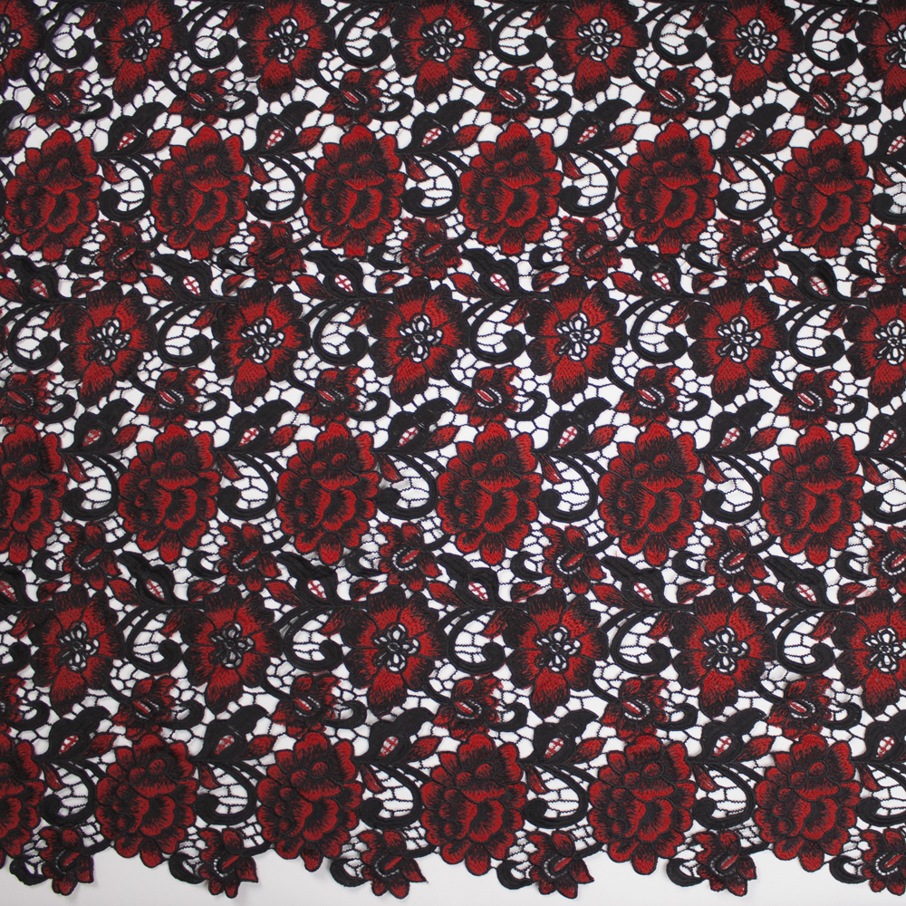 Black and Red Flowers and Scrollwork Designer Lace  Fabric By The Yard