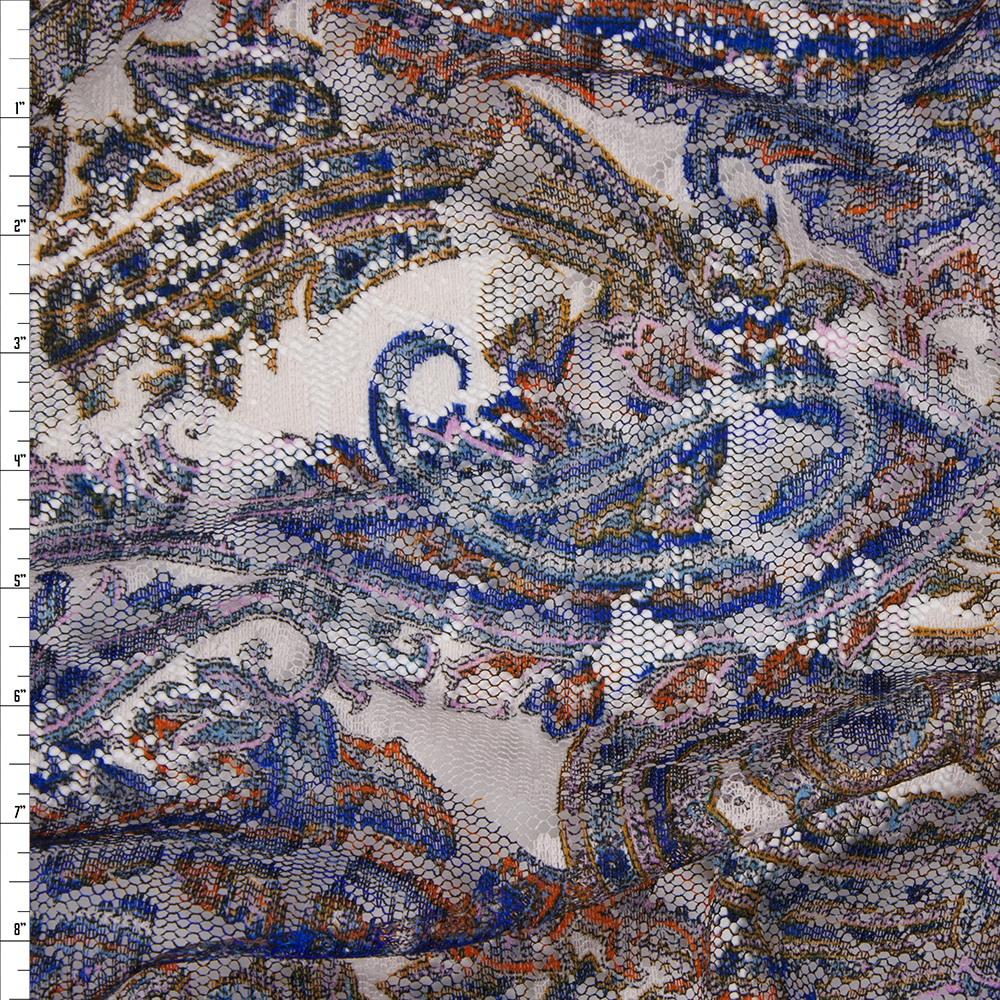 Vibrant Paisley Print on Offwhite Lightweight Floral Lace Fabric By The Yard