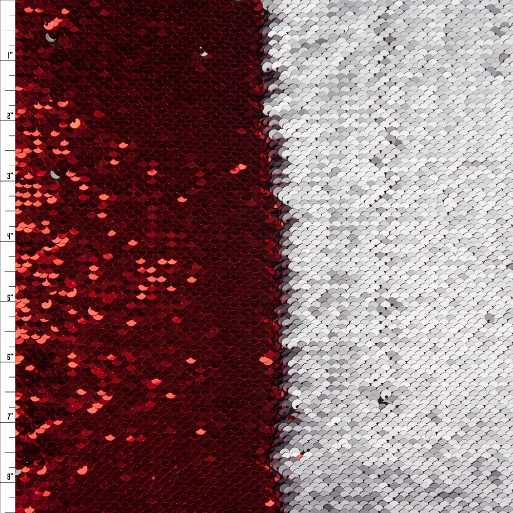 Metallic Red and Matte Silver Reversible Two Tone Sequin Fabric