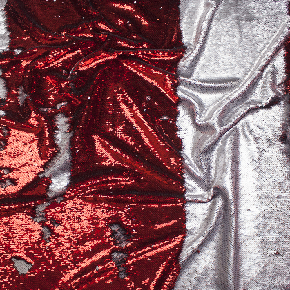 Metallic Red and Matte Silver Reversible Two Tone Sequin Fabric