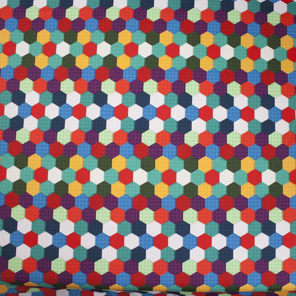 Colorful Layered Hexagon Print 4-way Stretch Nylon/Lycra Fabric By The Yard - Wide shot