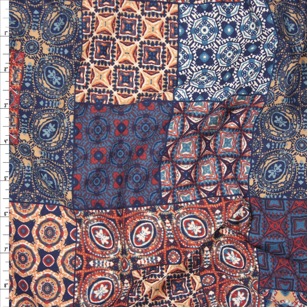 Teal and Burnt Orange Patterned Patchwork Double Brushed Poly Spandex Fabric By The Yard