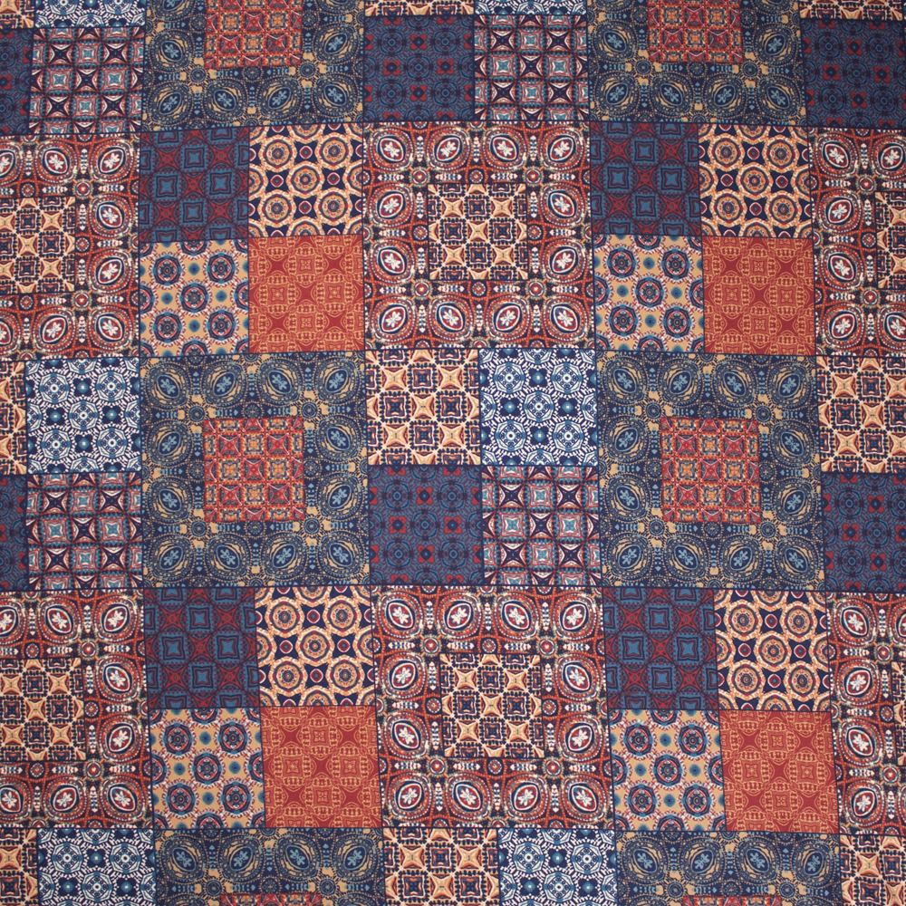 Teal and Burnt Orange Patterned Patchwork Double Brushed Poly Spandex Fabric By The Yard - Wide shot