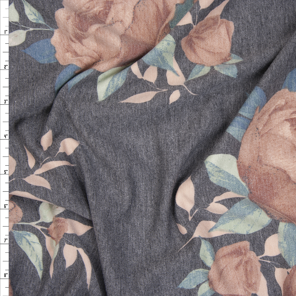 Soft Peach on Grey Lightweight French Terry Fabric By The Yard