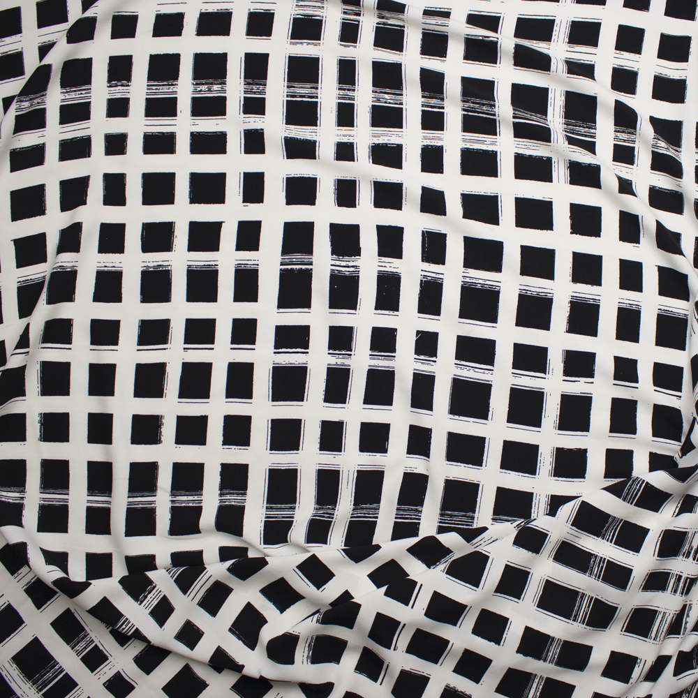 Black and Offwhite Brushstroke Windowpane Check Lightweight Designer Crepe Fabric By The Yard - Wide shot