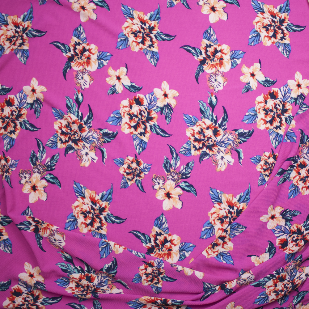 Red and Peach Flowers on Hot Pink Bubble Crepe Fabric By The Yard - Wide shot