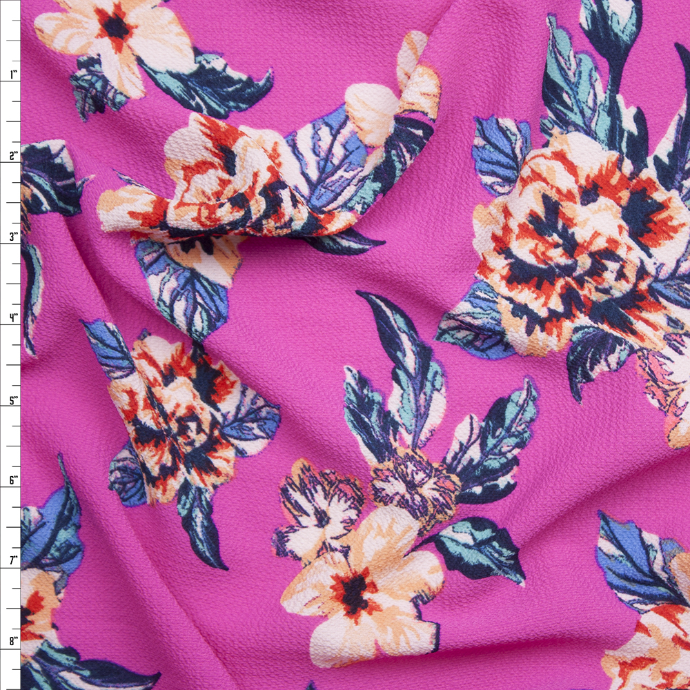 Red and Peach Flowers on Hot Pink Bubble Crepe Fabric By The Yard
