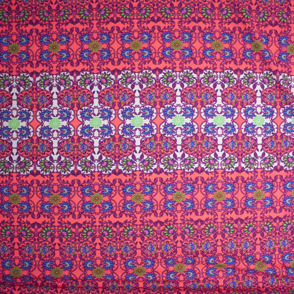 Neon Pink, White, and Purple Scrollwork Liverpool Knit Fabric By The Yard - Wide shot