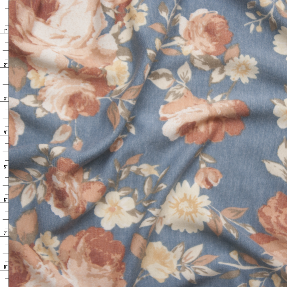 Peach and Ivory Flowers on Light Grey French Terry Fabric By The Yard