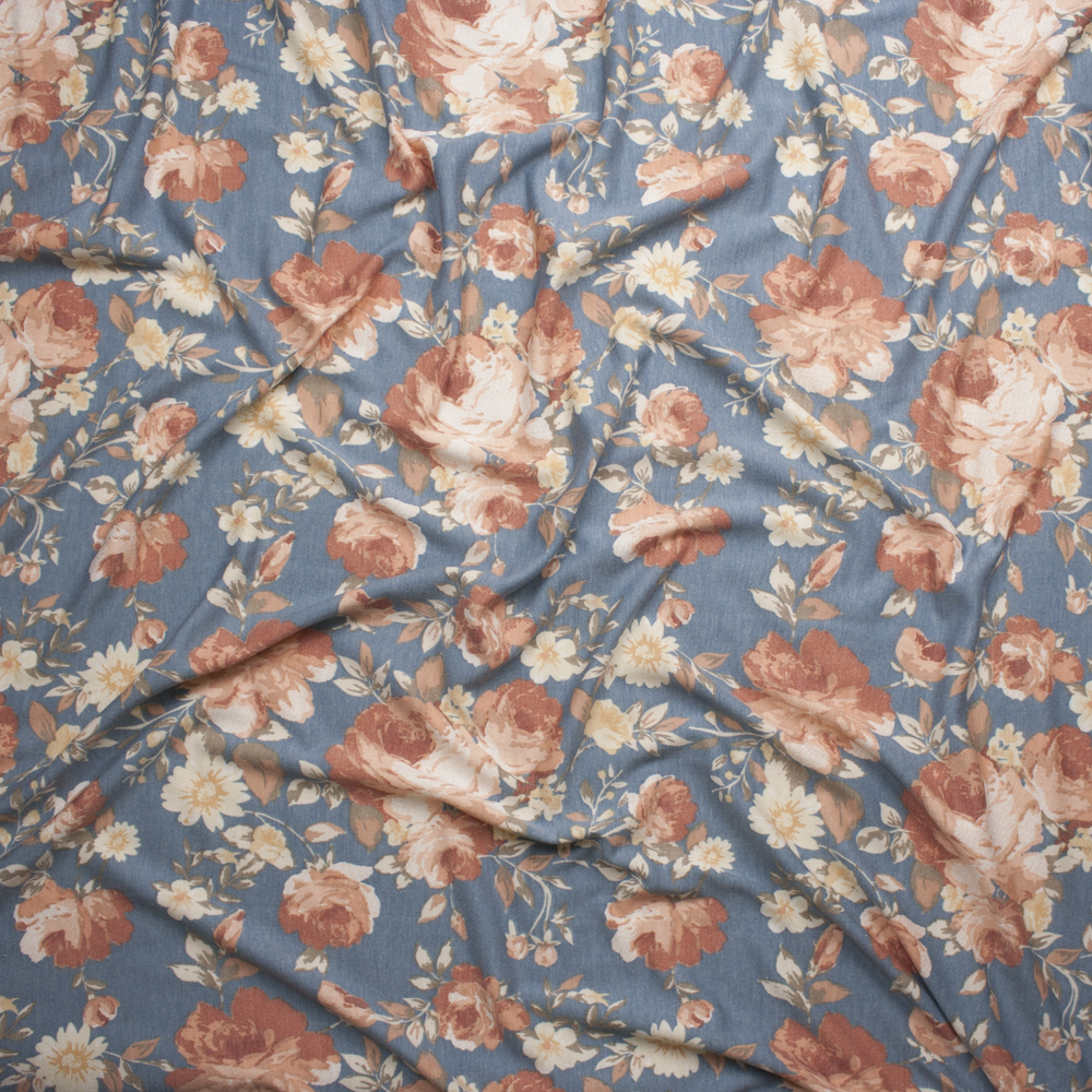 Peach and Ivory Flowers on Light Grey French Terry Fabric By The Yard - Wide shot