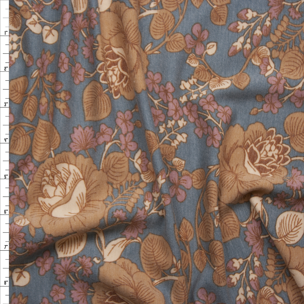 Tan and Pink Scrolling Floral on Grey French Terry Fabric By The Yard