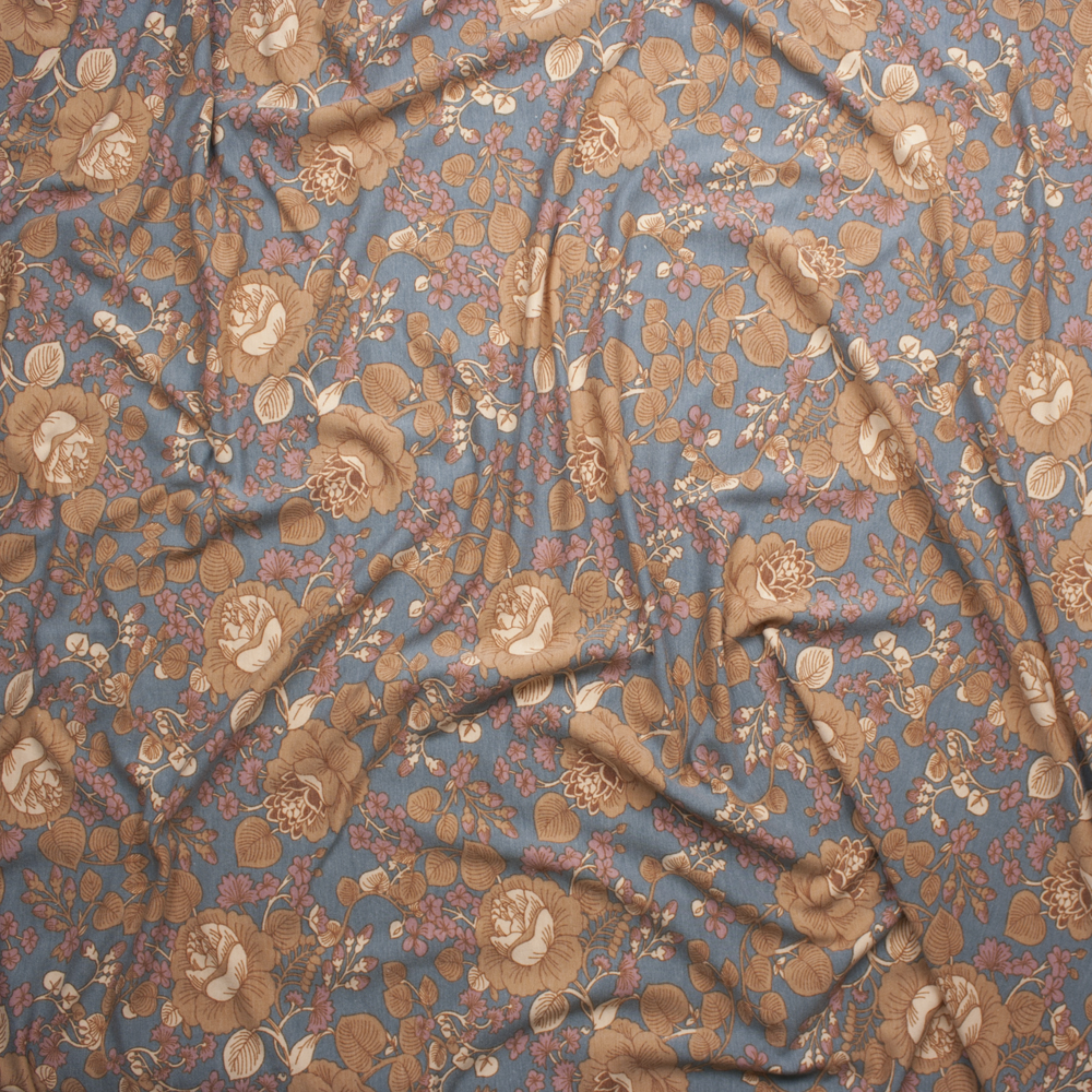 Tan and Pink Scrolling Floral on Grey French Terry Fabric By The Yard - Wide shot
