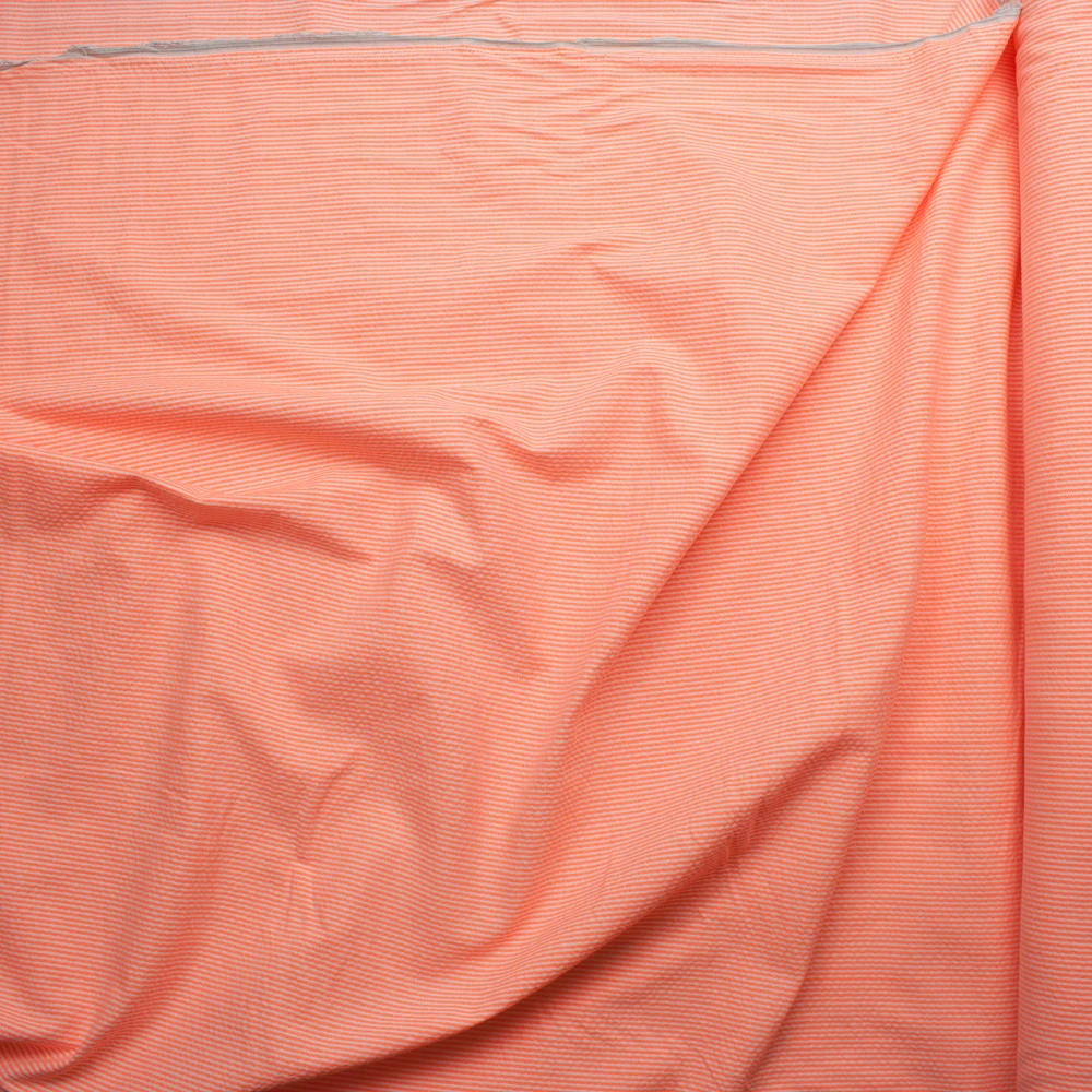 Neon Orange and White Mini Stripe Midweight Seersucker Fabric By The Yard - Wide shot