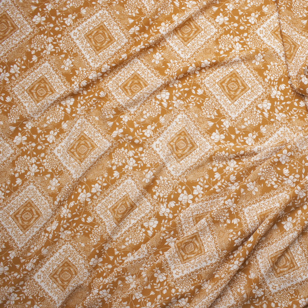 Dijon and Ivory Floral Medallions Bubble Crepe Fabric By The Yard - Wide shot