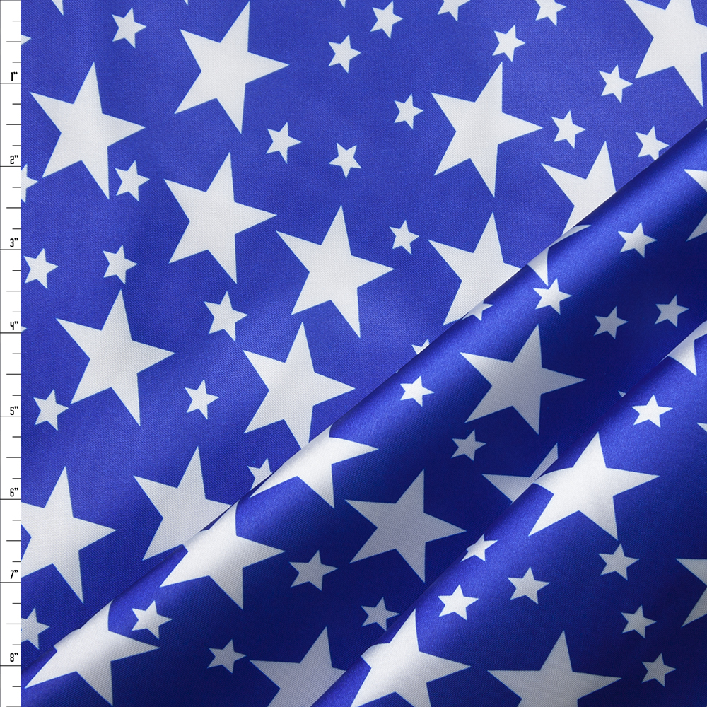 White Stars on Blue Lightweight Satin Fabric By The Yard