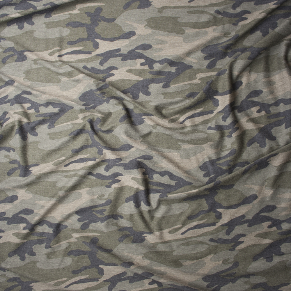 Soft Heather Classic Camouflage on Light Grey French Terry Fabric By The Yard - Wide shot