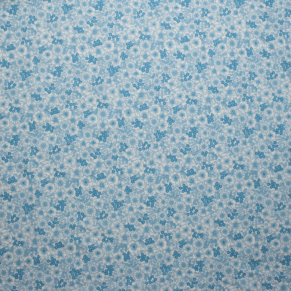 Turquoise on White Field of Flowers 'London Calling' Cotton Lawn Fabric By The Yard - Wide shot