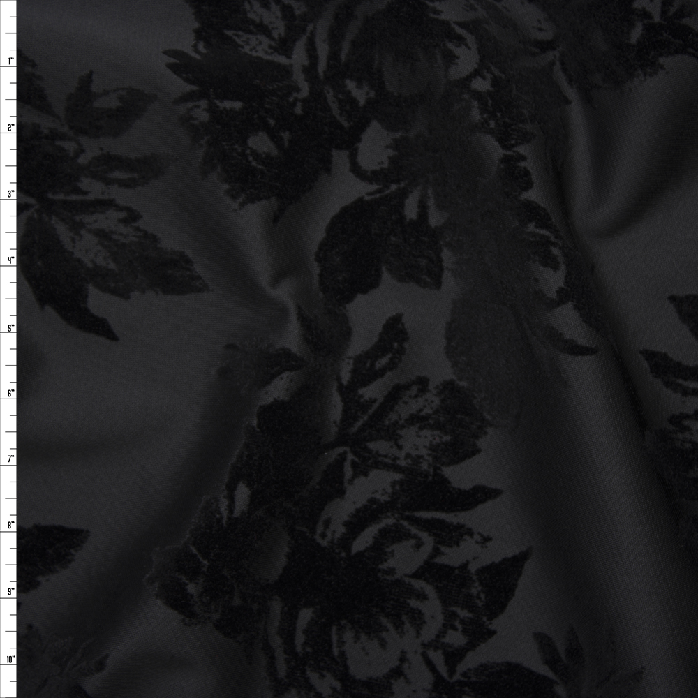 Black Flocked Roses on Black Scuba Knit Fabric By The Yard
