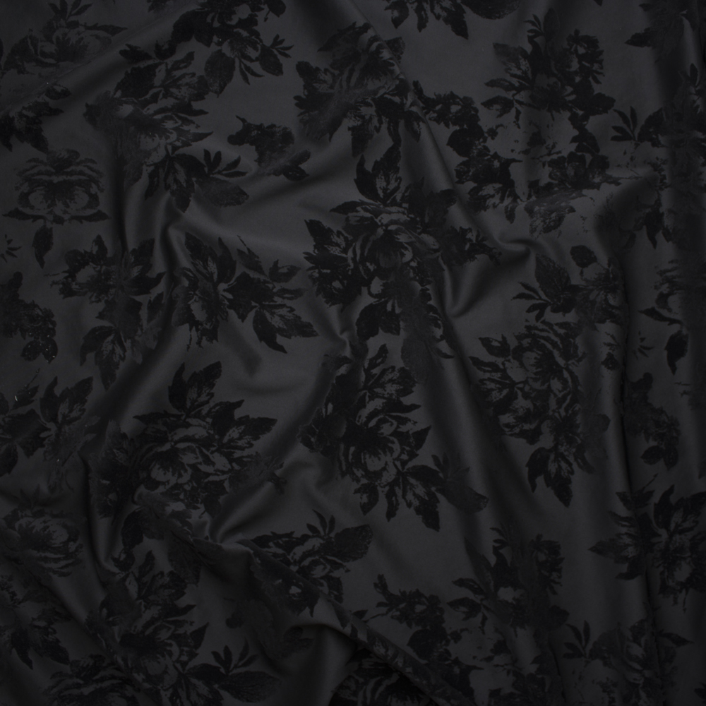 Black Flocked Roses on Black Scuba Knit Fabric By The Yard - Wide shot