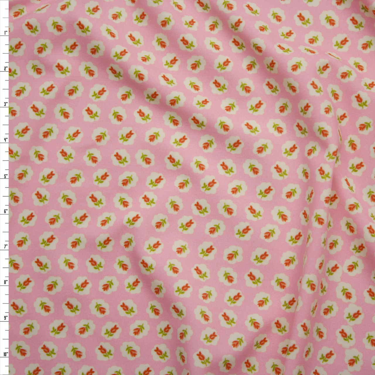Red and Ivory Traditional Floral on Light Pink Nylon/Lycra Fabric By The Yard
